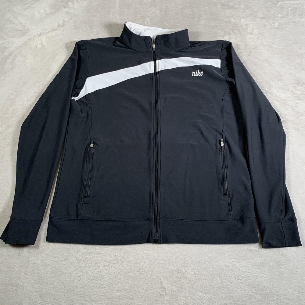 VTG Nike Track Jacket Womens XL Black White Full Zip Athletic Running Pockets‎